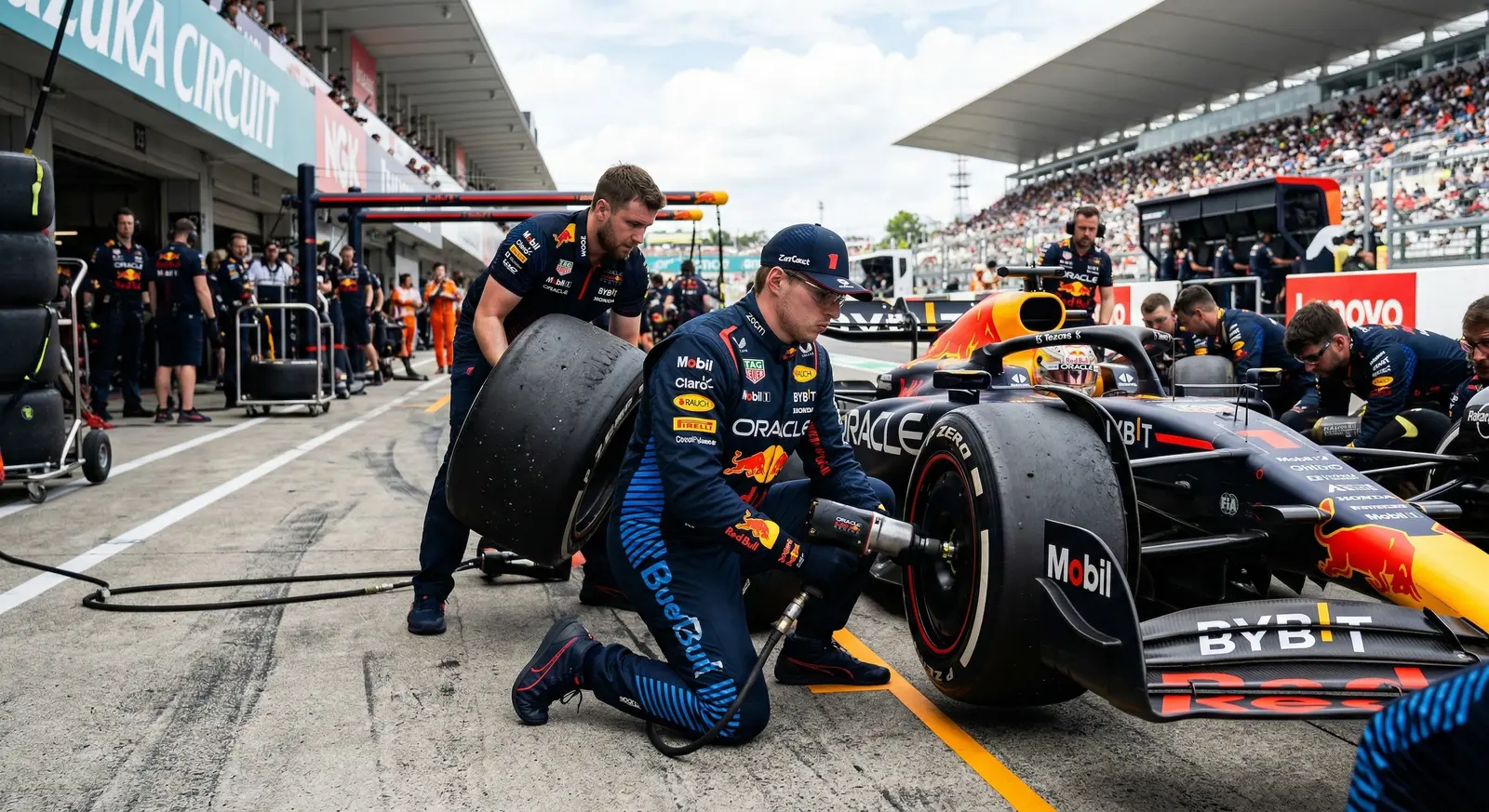 F1ピットレーンでメカニックに囲まれるフォーミュラカー